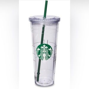 STARBUCKS Venti Tumbler Cold Cup Clear Logo Green Straw 24oz